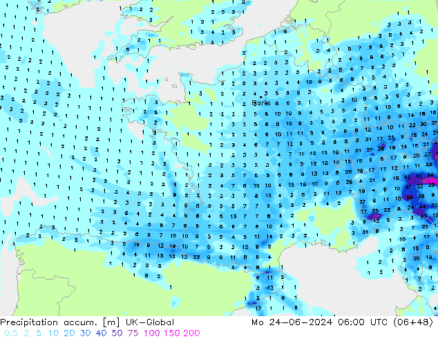 Precipitation accum. UK-Global Mo 24.06.2024 06 UTC