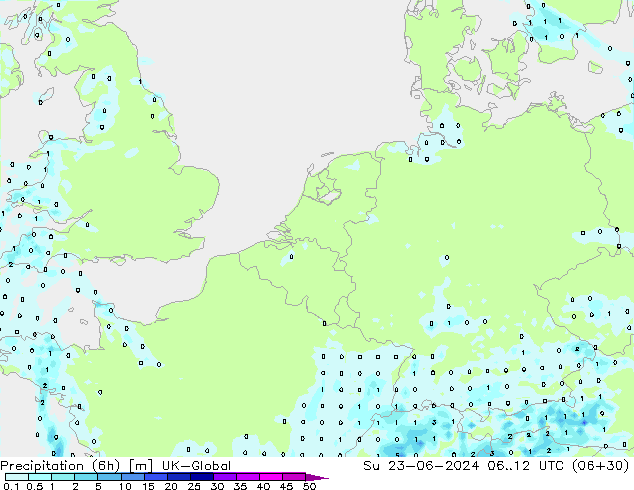 Précipitation (6h) UK-Global dim 23.06.2024 12 UTC