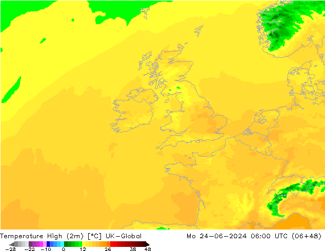 Temperature High (2m) UK-Global Mo 24.06.2024 06 UTC