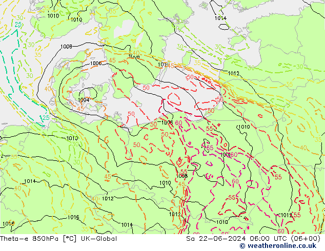 Theta-e 850hPa UK-Global Sa 22.06.2024 06 UTC