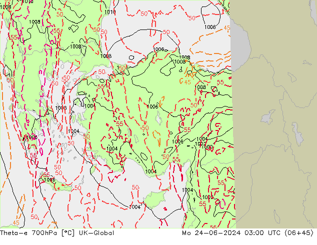 Theta-e 700hPa UK-Global Mo 24.06.2024 03 UTC