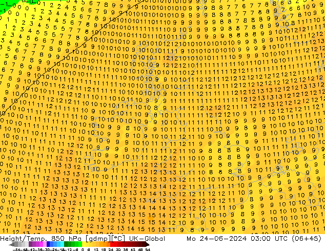 Height/Temp. 850 hPa UK-Global pon. 24.06.2024 03 UTC