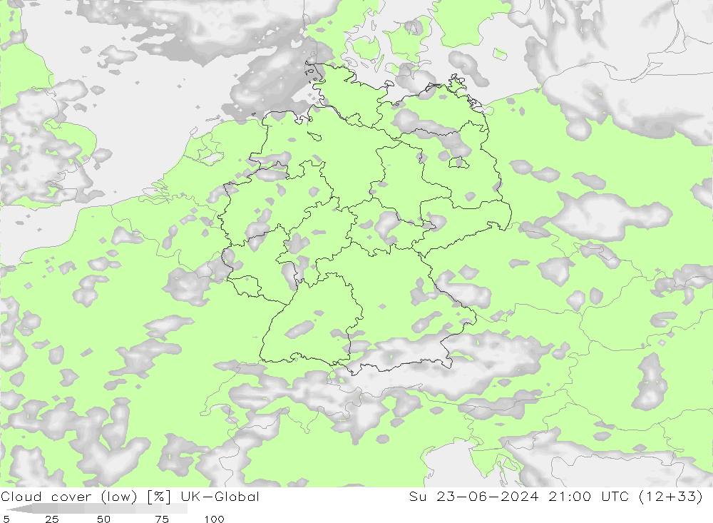 Cloud cover (low) UK-Global Su 23.06.2024 21 UTC