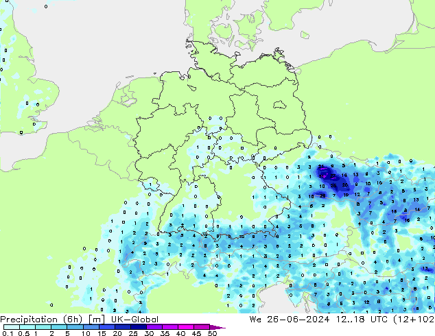 Totale neerslag (6h) UK-Global wo 26.06.2024 18 UTC