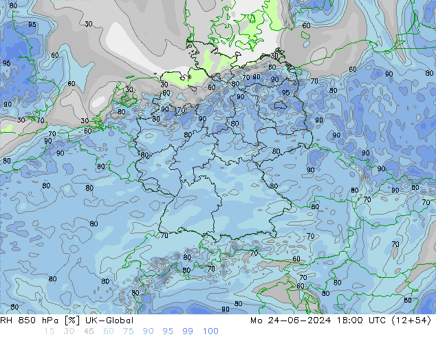 RH 850 hPa UK-Global 星期一 24.06.2024 18 UTC