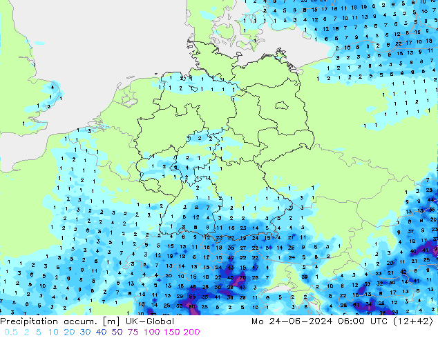 Precipitation accum. UK-Global Seg 24.06.2024 06 UTC