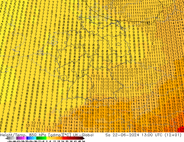 Hoogte/Temp. 850 hPa UK-Global za 22.06.2024 13 UTC