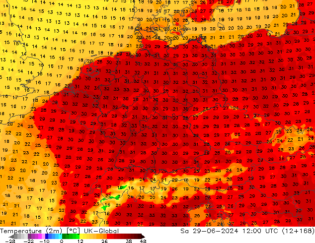 温度图 UK-Global 星期六 29.06.2024 12 UTC