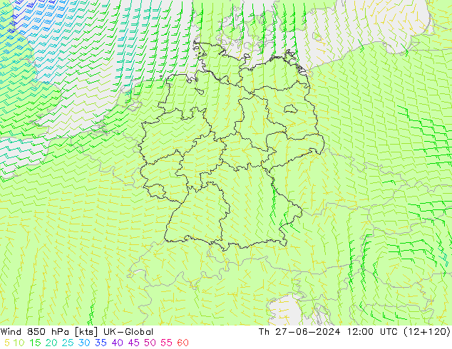 Wind 850 hPa UK-Global Th 27.06.2024 12 UTC