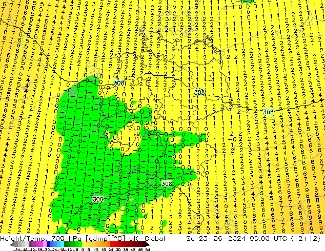 Yükseklik/Sıc. 700 hPa UK-Global Paz 23.06.2024 00 UTC