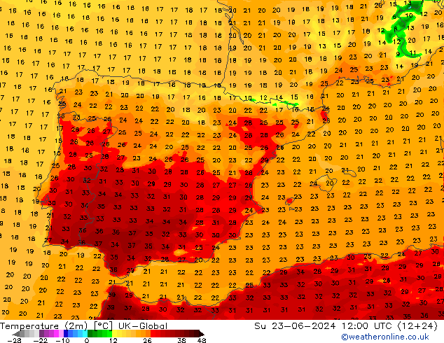 Temperature (2m) UK-Global Su 23.06.2024 12 UTC