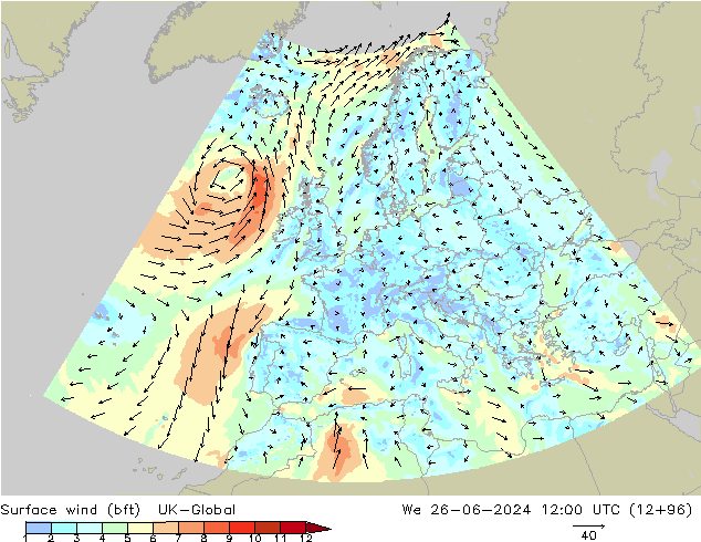 Surface wind (bft) UK-Global We 26.06.2024 12 UTC