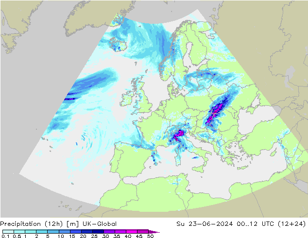 Precipitation (12h) UK-Global Su 23.06.2024 12 UTC