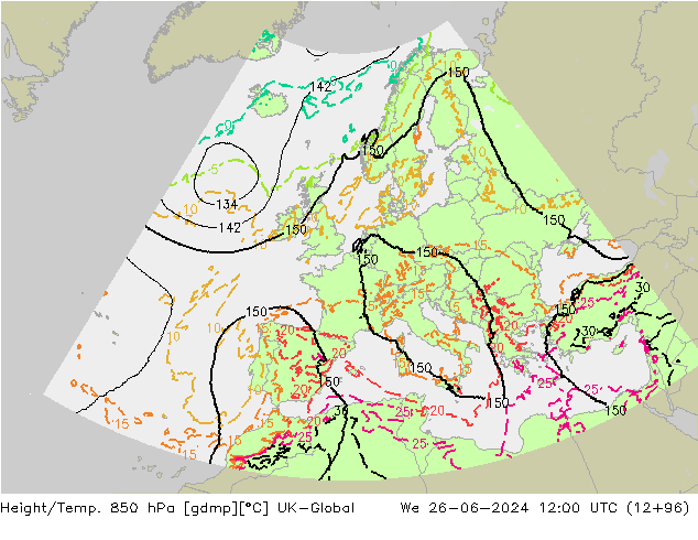 Height/Temp. 850 hPa UK-Global We 26.06.2024 12 UTC