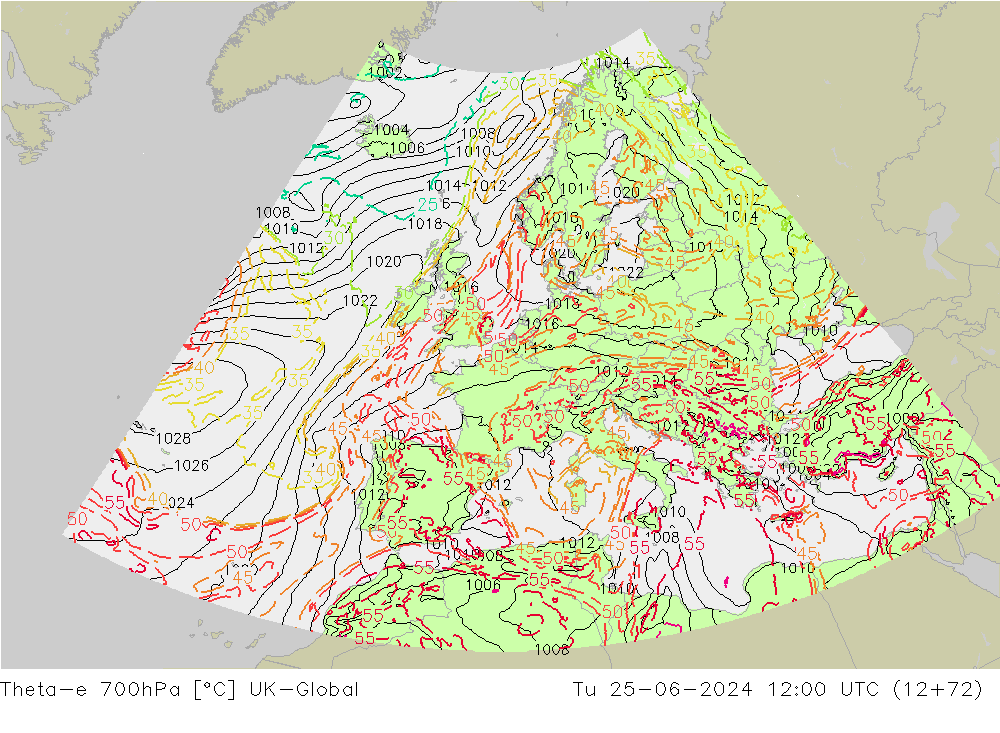 Theta-e 700hPa UK-Global Sa 25.06.2024 12 UTC