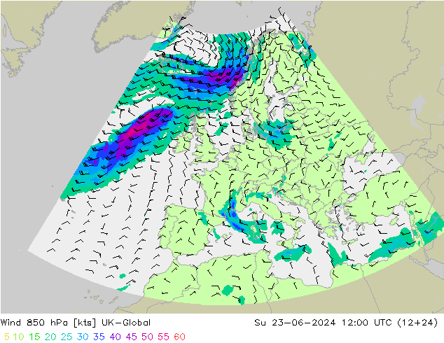 wiatr 850 hPa UK-Global nie. 23.06.2024 12 UTC