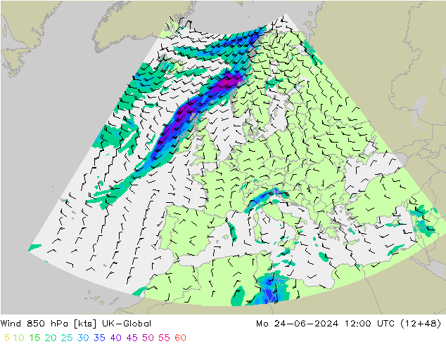 Wind 850 hPa UK-Global Mo 24.06.2024 12 UTC