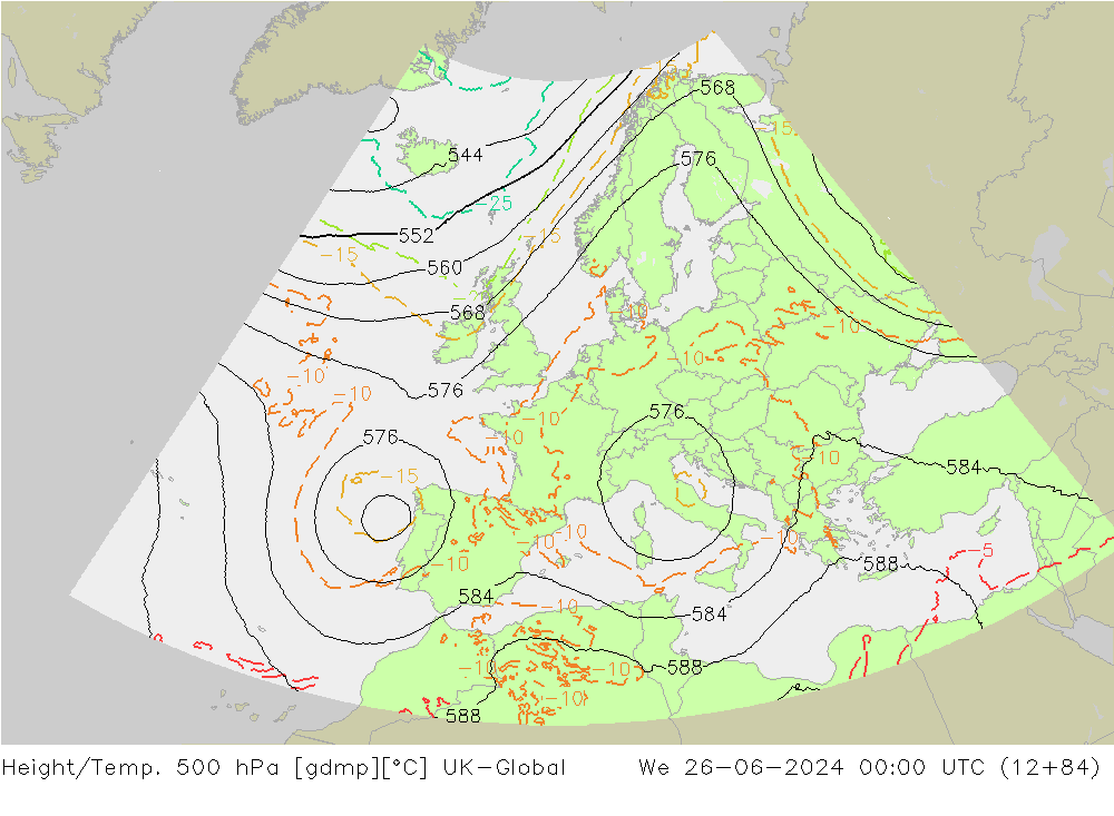 Height/Temp. 500 гПа UK-Global ср 26.06.2024 00 UTC