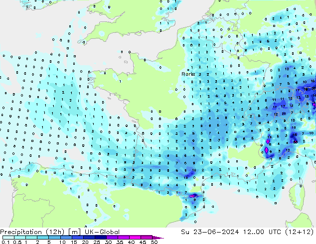 Précipitation (12h) UK-Global dim 23.06.2024 00 UTC
