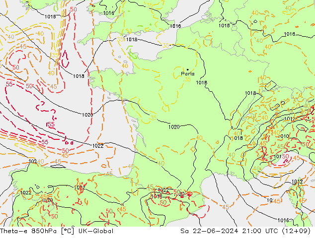 Theta-e 850гПа UK-Global сб 22.06.2024 21 UTC