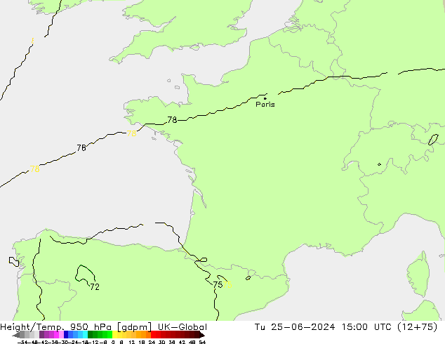 Height/Temp. 950 hPa UK-Global mar 25.06.2024 15 UTC