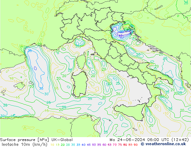 Isotachs (kph) UK-Global Mo 24.06.2024 06 UTC