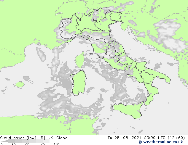 Bewolking (Laag) UK-Global di 25.06.2024 00 UTC