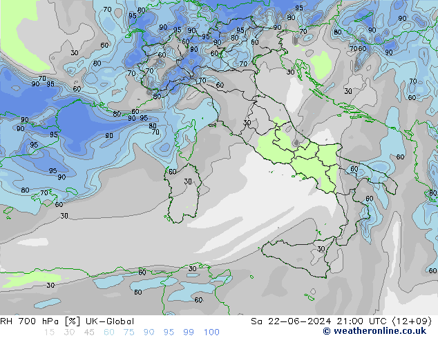 RH 700 hPa UK-Global So 22.06.2024 21 UTC