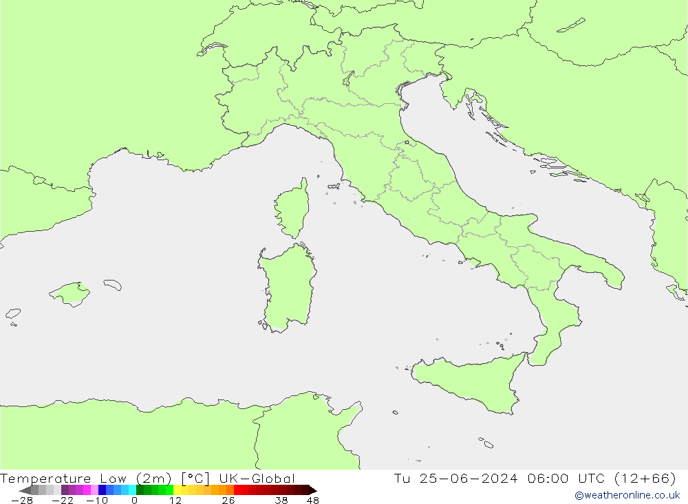 Temperature Low (2m) UK-Global Tu 25.06.2024 06 UTC