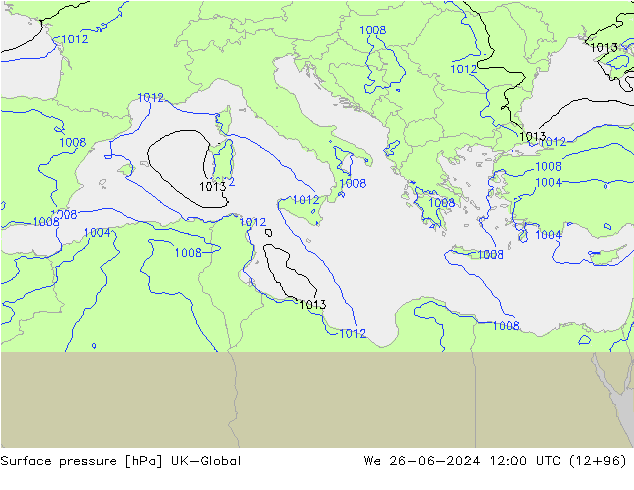 Presión superficial UK-Global mié 26.06.2024 12 UTC