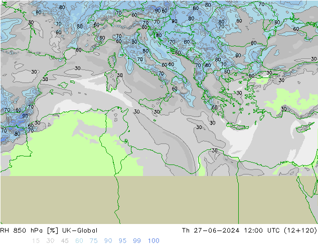 RH 850 hPa UK-Global Čt 27.06.2024 12 UTC