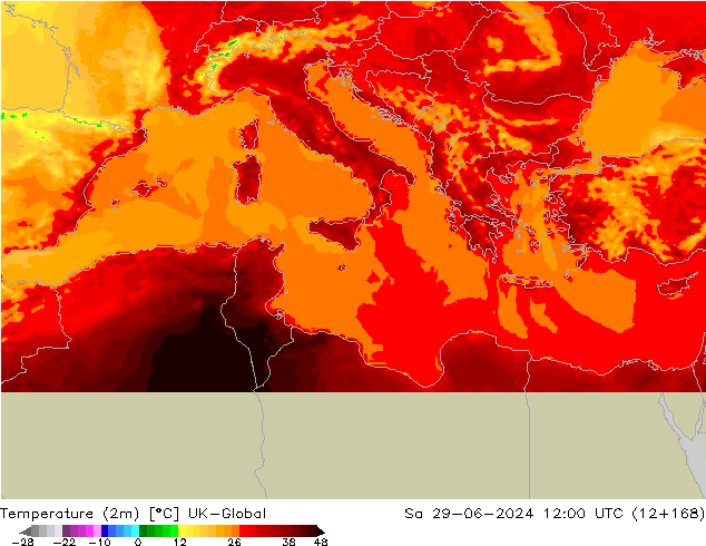 mapa temperatury (2m) UK-Global so. 29.06.2024 12 UTC