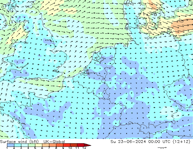 Surface wind (bft) UK-Global Su 23.06.2024 00 UTC