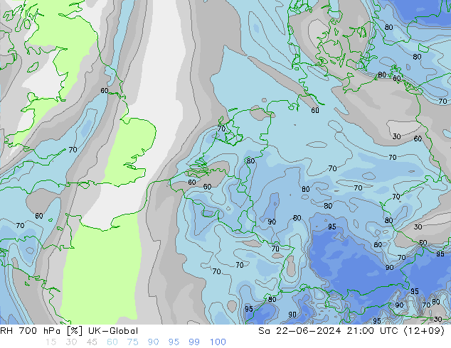 Humidité rel. 700 hPa UK-Global sam 22.06.2024 21 UTC