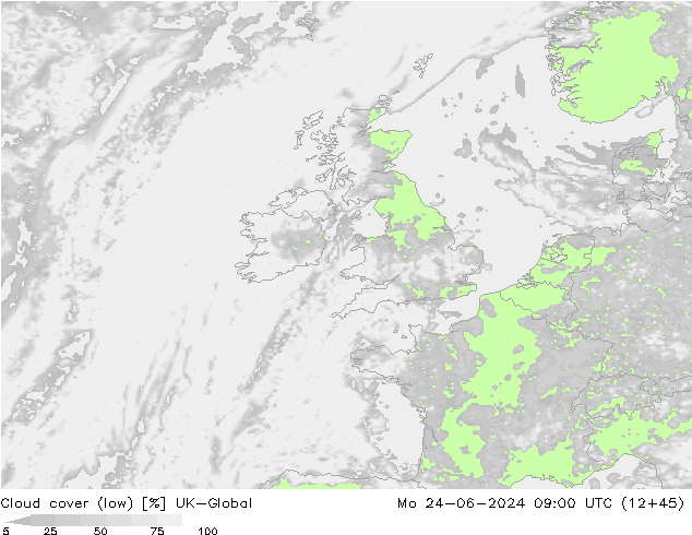 zachmurzenie (niskie) UK-Global pon. 24.06.2024 09 UTC