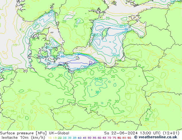 Isotachs (kph) UK-Global Sa 22.06.2024 13 UTC