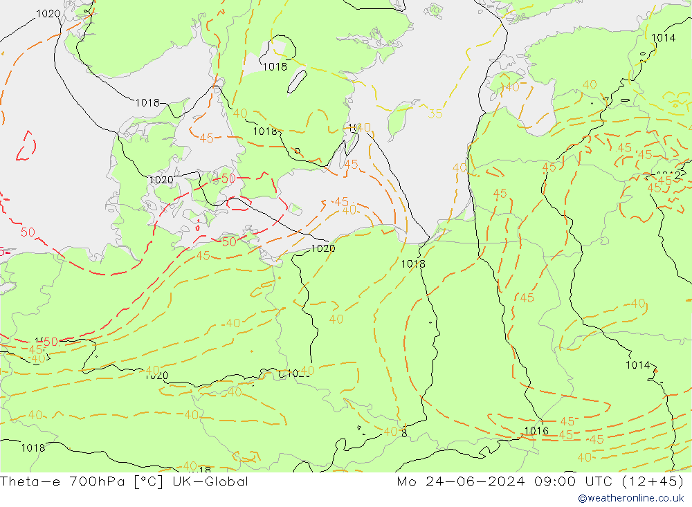 Theta-e 700hPa UK-Global Pzt 24.06.2024 09 UTC