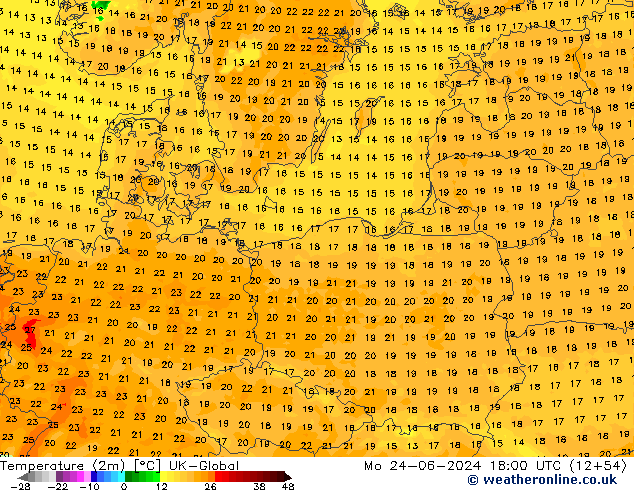 Temperature (2m) UK-Global Po 24.06.2024 18 UTC