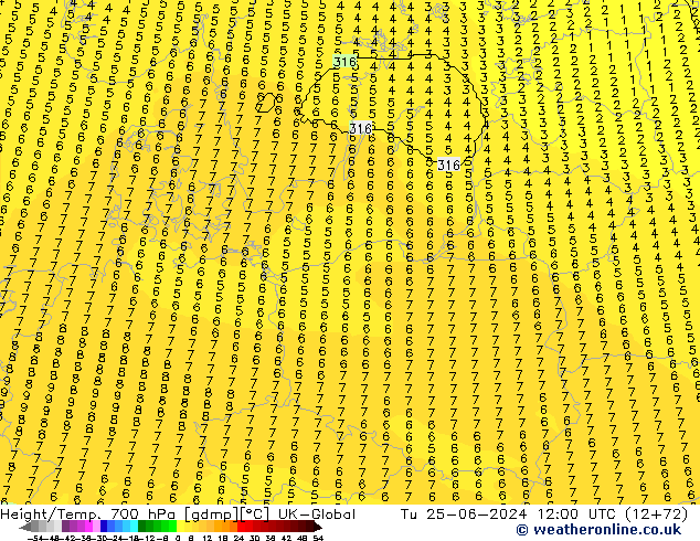 Geop./Temp. 700 hPa UK-Global mar 25.06.2024 12 UTC