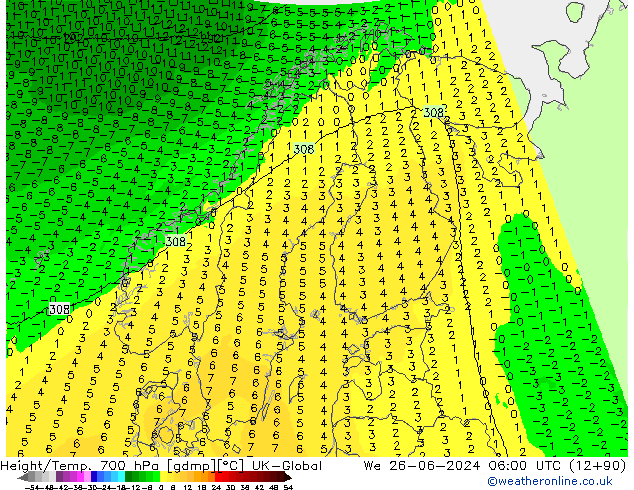 Height/Temp. 700 hPa UK-Global We 26.06.2024 06 UTC