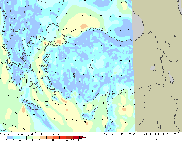 Surface wind (bft) UK-Global Su 23.06.2024 18 UTC