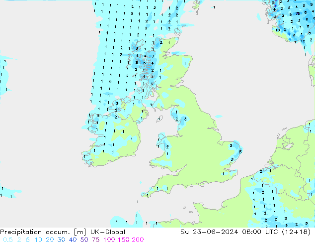 Totale neerslag UK-Global zo 23.06.2024 06 UTC