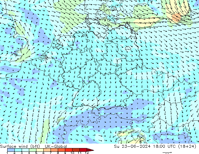 Wind 10 m (bft) UK-Global zo 23.06.2024 18 UTC