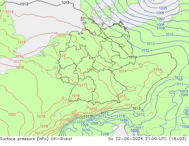 Atmosférický tlak UK-Global So 22.06.2024 21 UTC