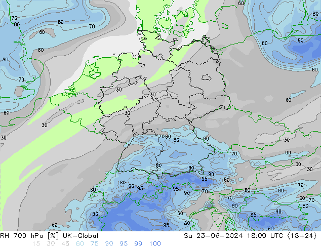 Humidité rel. 700 hPa UK-Global dim 23.06.2024 18 UTC