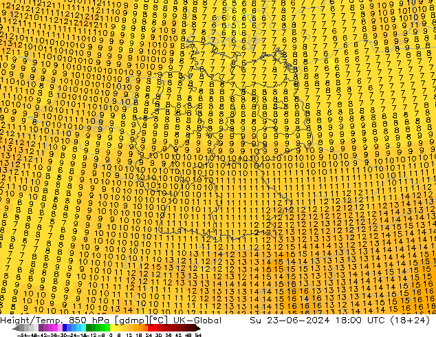 Geop./Temp. 850 hPa UK-Global dom 23.06.2024 18 UTC