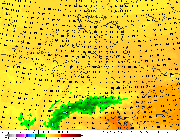 Temperatura (2m) UK-Global dom 23.06.2024 06 UTC