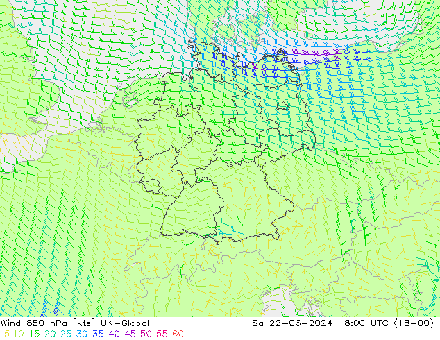 Vento 850 hPa UK-Global Sáb 22.06.2024 18 UTC