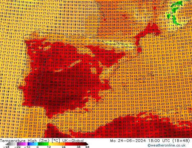 Temperature High (2m) UK-Global Mo 24.06.2024 18 UTC