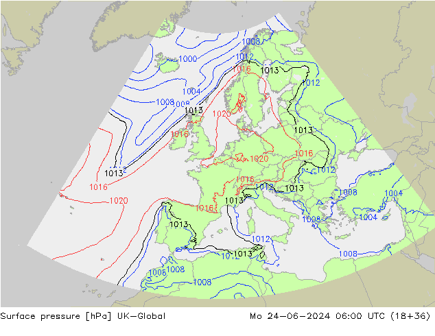 Atmosférický tlak UK-Global Po 24.06.2024 06 UTC